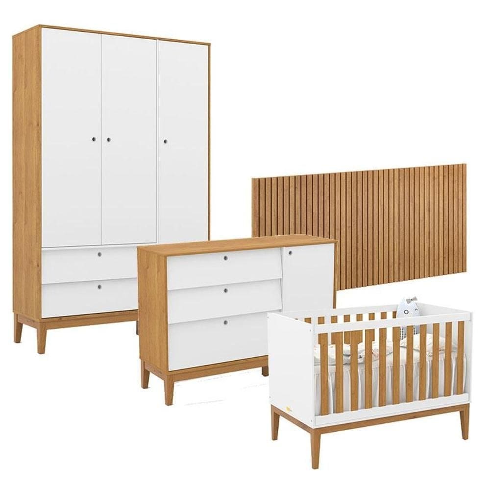 Quarto de Bebê Unique 3 Portas com Cômoda Sapateira e Painel Ripado Branco Soft Freijó Eco Wood - Matic