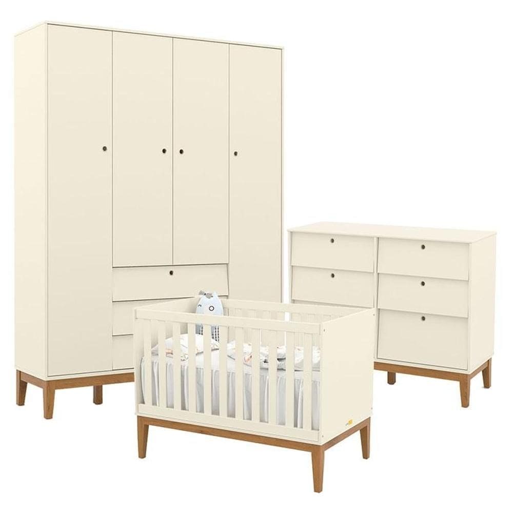 Quarto de Bebe Unique 4 Portas com Cômoda 6 Gavetas Off White Eco Wood - Matic
