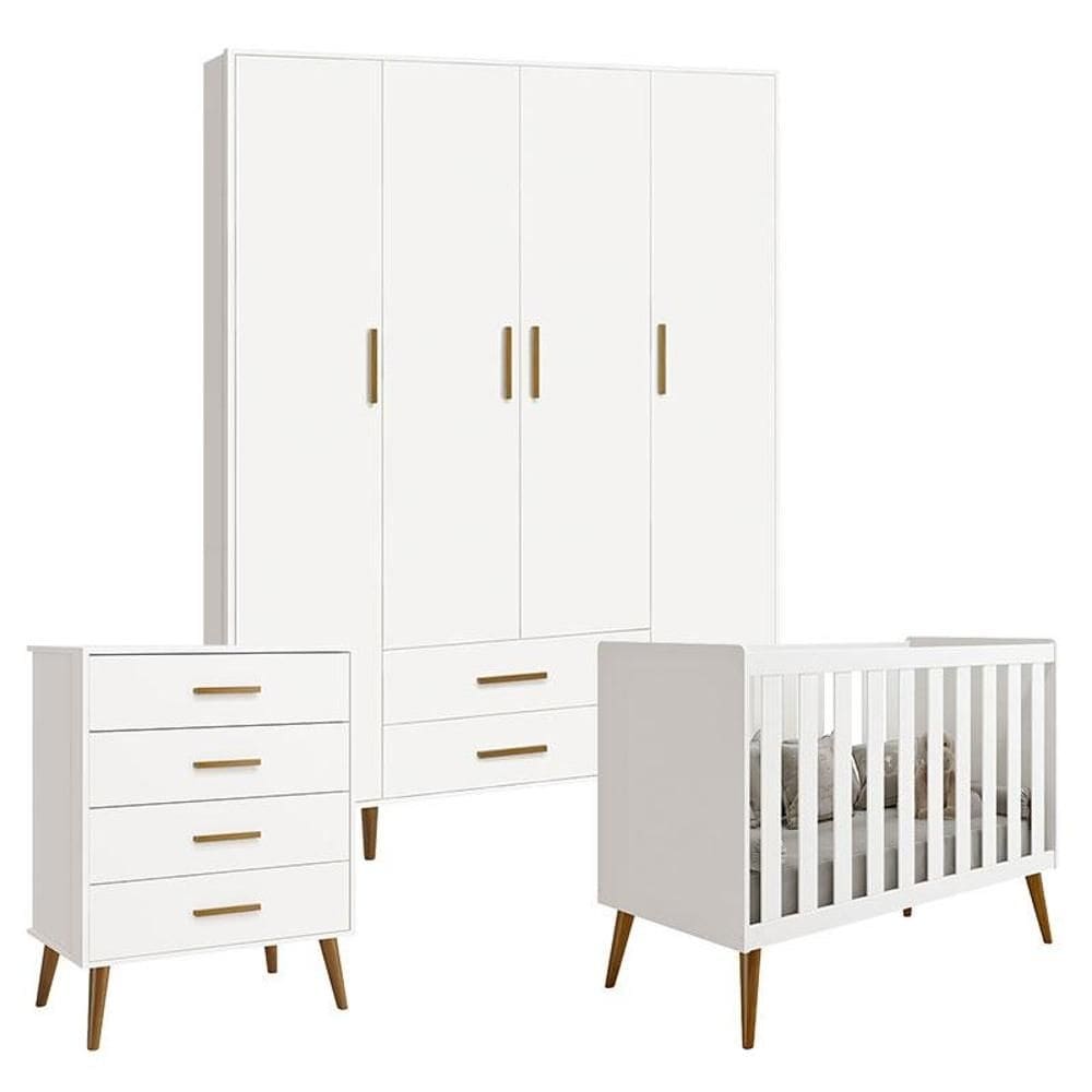 Quarto de Bebê Isis 4 Portas com Gaveteiro Branco Acetinado - Reller