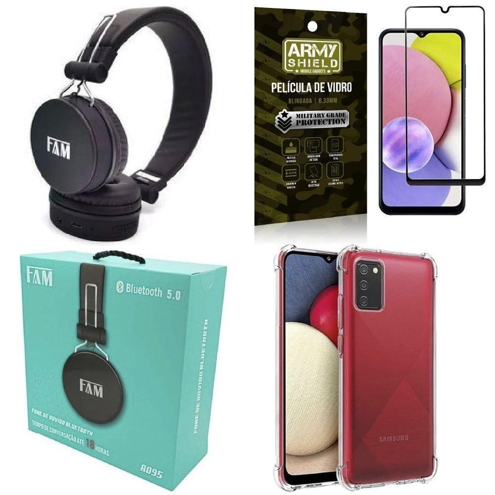 Capinha samsung a03s + fone bluetooth a095 + película 3d