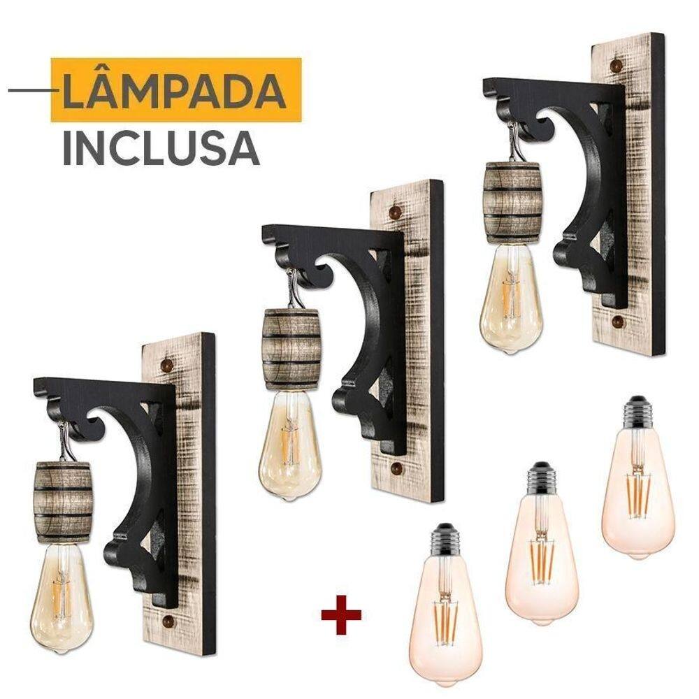 Kit 3 Arandelas Luminária Colonial Rústica Madeira + Lâmpada