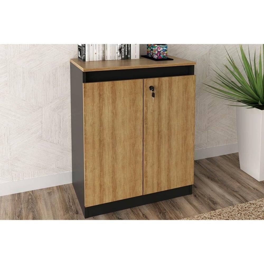 Balcão de Escritório ME4149 c/ 2 Portas c/ Chave Amêndoa/Preto - Tecno Mobili