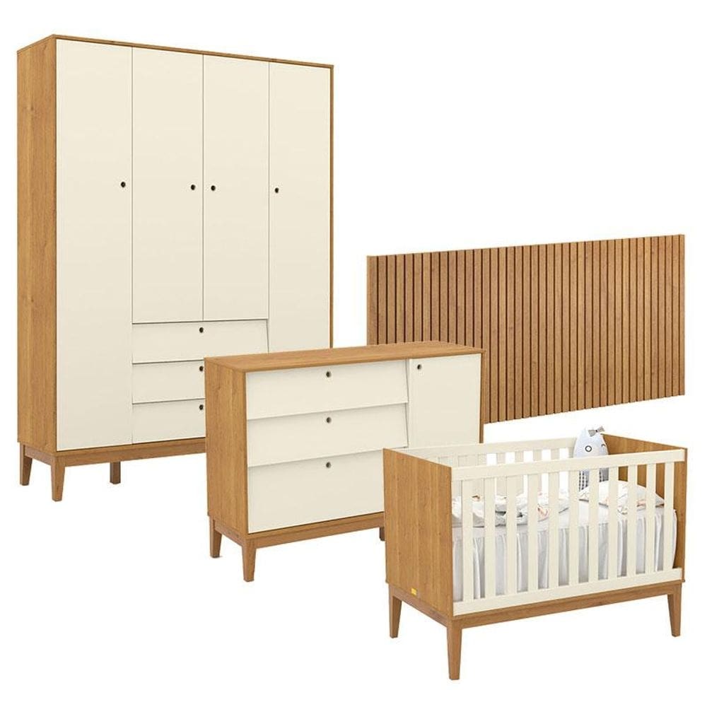 Quarto de Bebê Unique 4 Portas com Cômoda Sapateira e Painel Ripado Freijó Off White Eco Wood - Matic