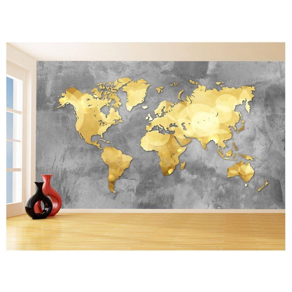 Papel De Parede 3D Mapa Mundi Concreto Dourado 3,5M Nmu43