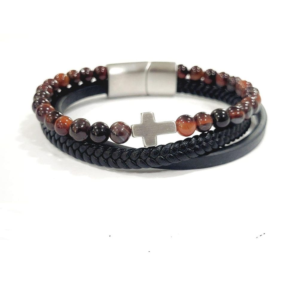 Bracelete Rosso 21Cm Couro Trançado Shambala Olho De Tigre