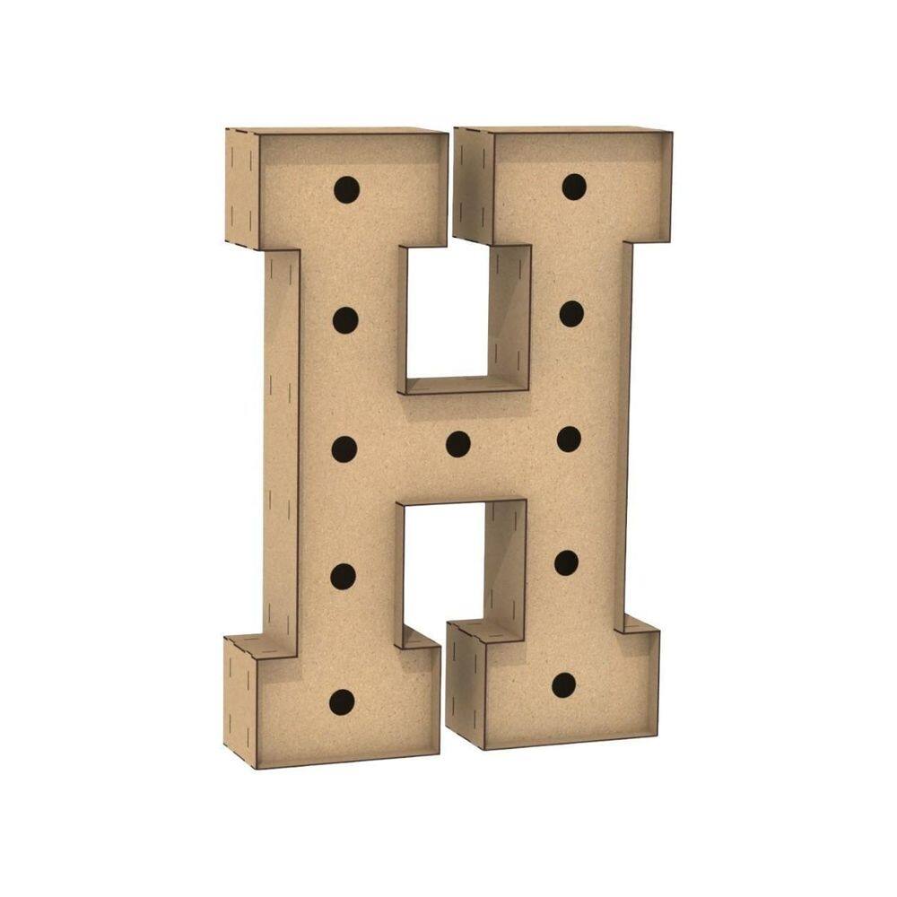 Letra Caixa Grande H Mdf 90Cm Altura Furo Lampada Iluminação