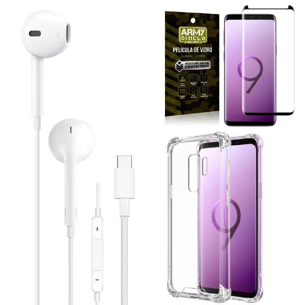 Capa samsung s9 plus + fone de ouvido tipo c + película 3d