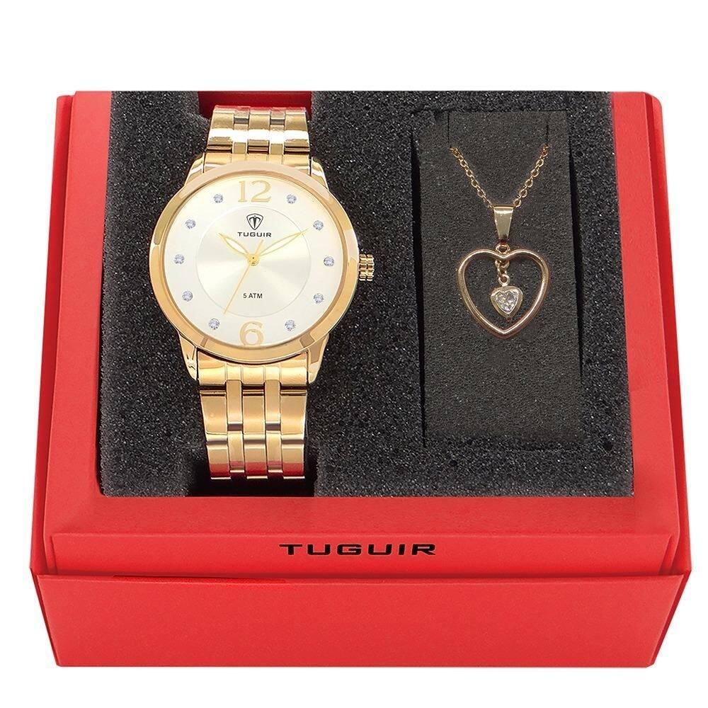 Kit relógio feminino tuguir analógico w2122 dourado e prata
