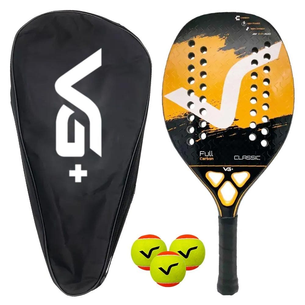 Kit Raquete de Beach Tennis Classic Full Carbon com 3 Bolas e Bolsa de Transporte Vg Plus Laranja