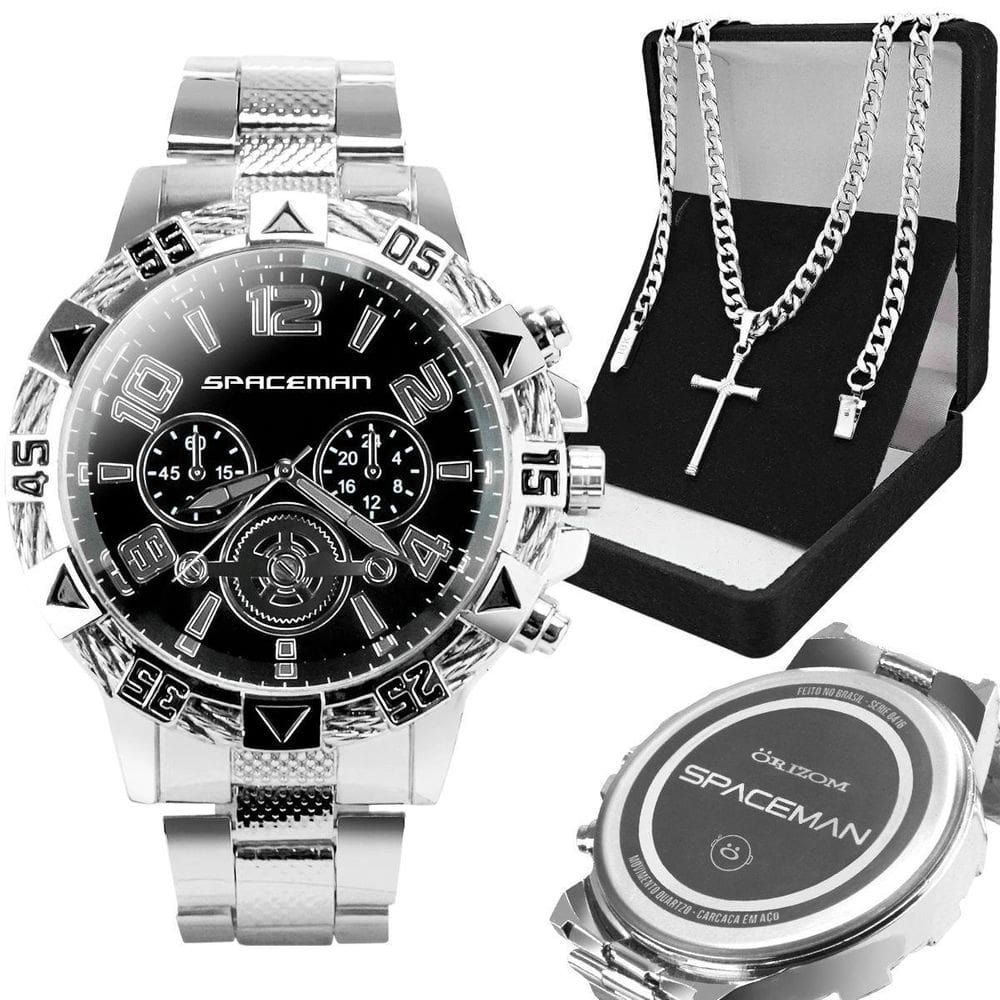 Relogio Masculino Aço Inox + Cordão Cruz Preto Social Casual