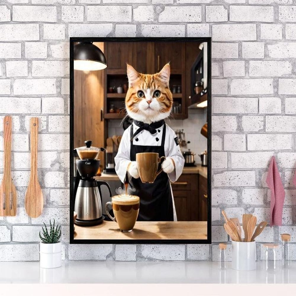 Quadro Decorativo Café Gatinho Barista 45X34Cm - Com Vidro
