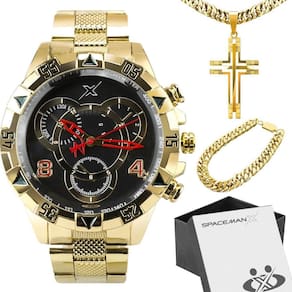 Corrente + Caixa + Relogio Masculino Aço Dourado Analogico