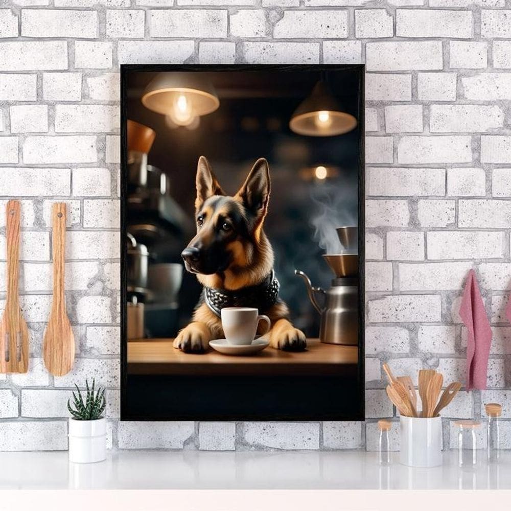 Quadro Pastor Alemão Tomando Café 45X34Cm