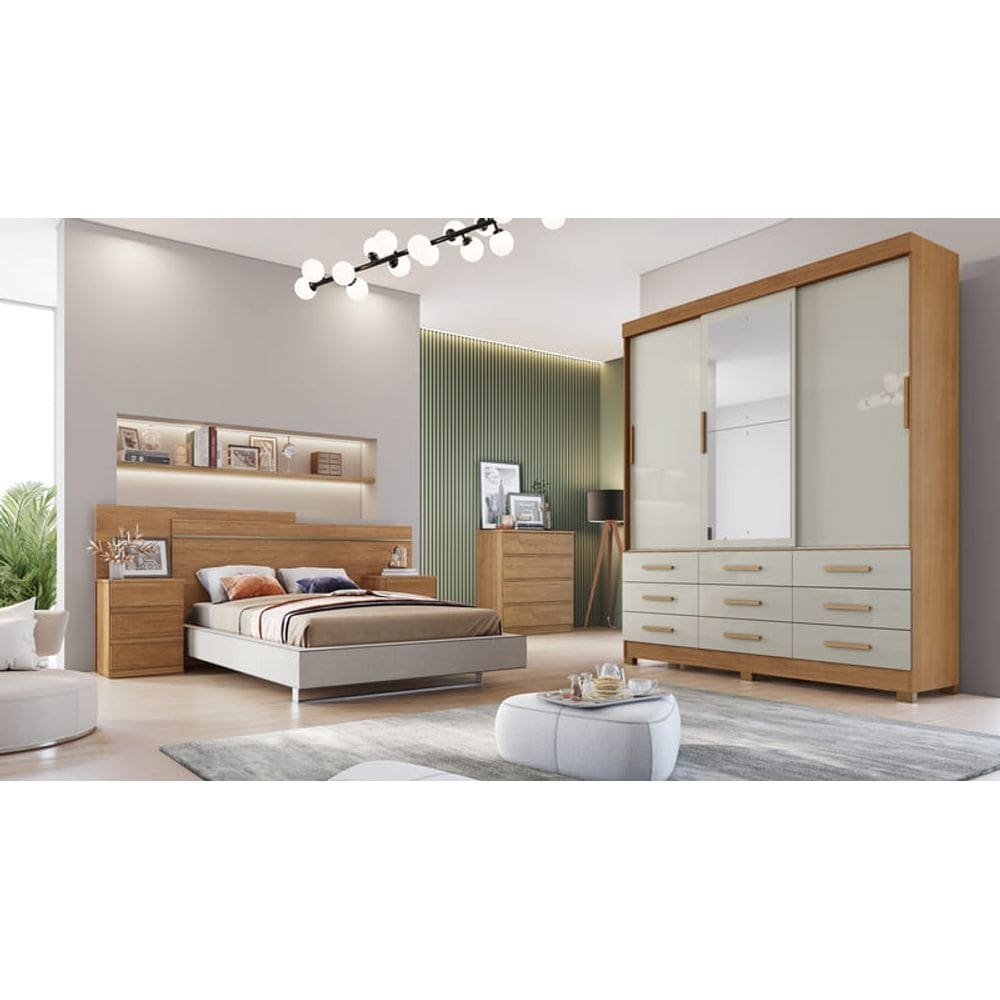 Guarda Roupa Solteiro com Espelho 3 Portas 9 Gavetas - Capri-Cumaru/Fendi - Móveis Novo Horizonte