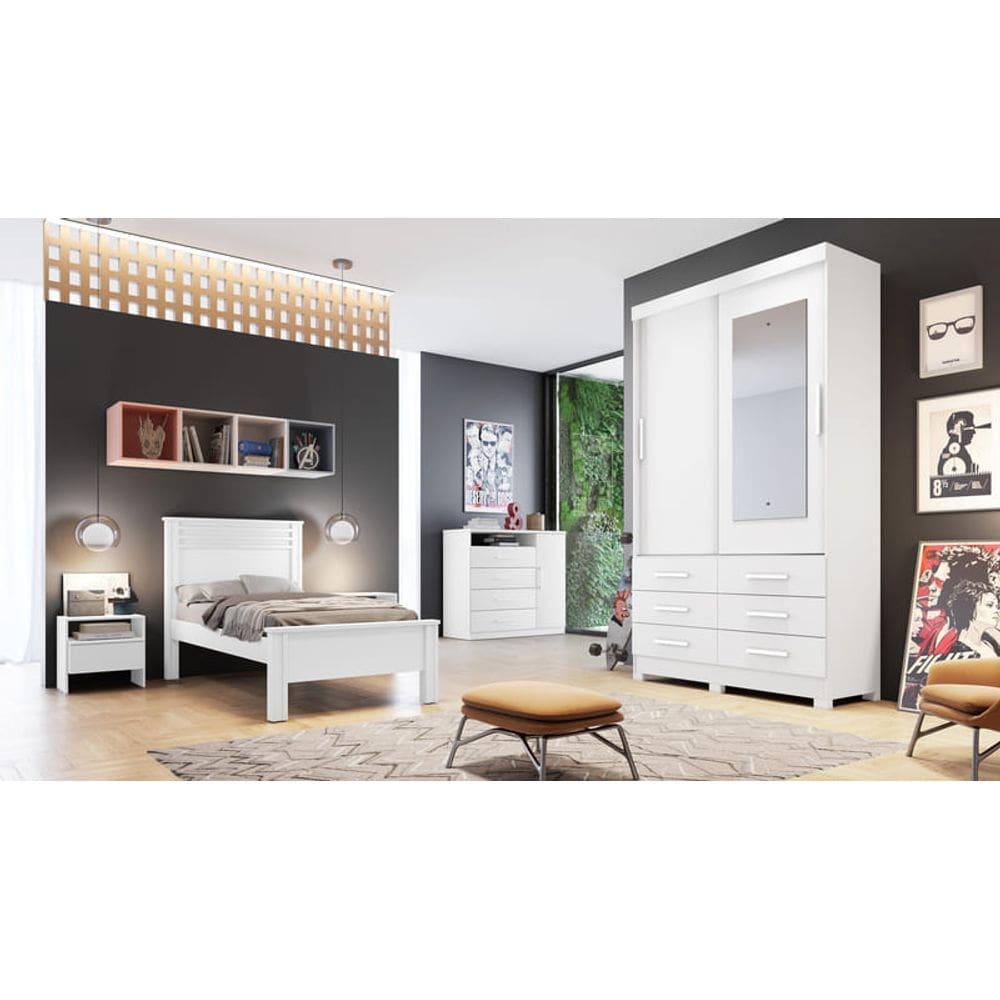 Guarda Roupa Solteiro com Espelho 2 Portas 6 Gavetas - Capri-Branco - Móveis Novo Horizonte