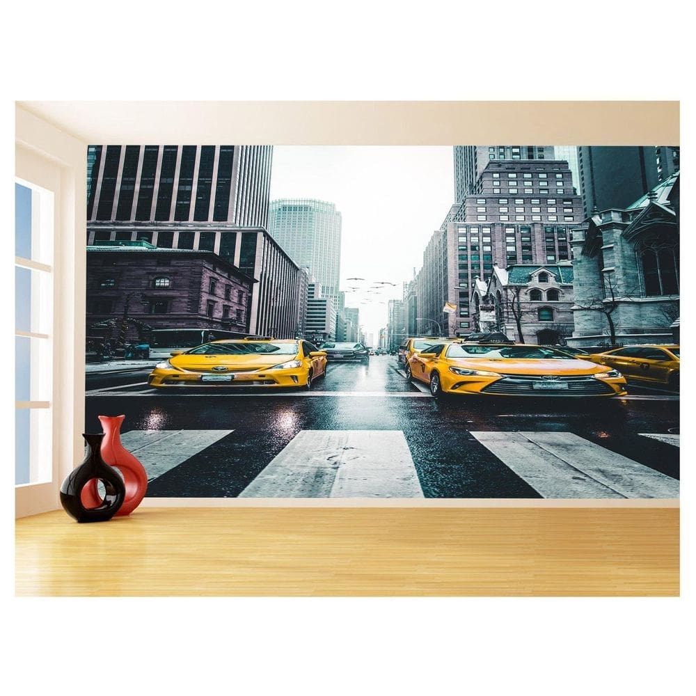 Papel De Parede 3D Cidade New York Chuva Taxis 3,5M Ncd292