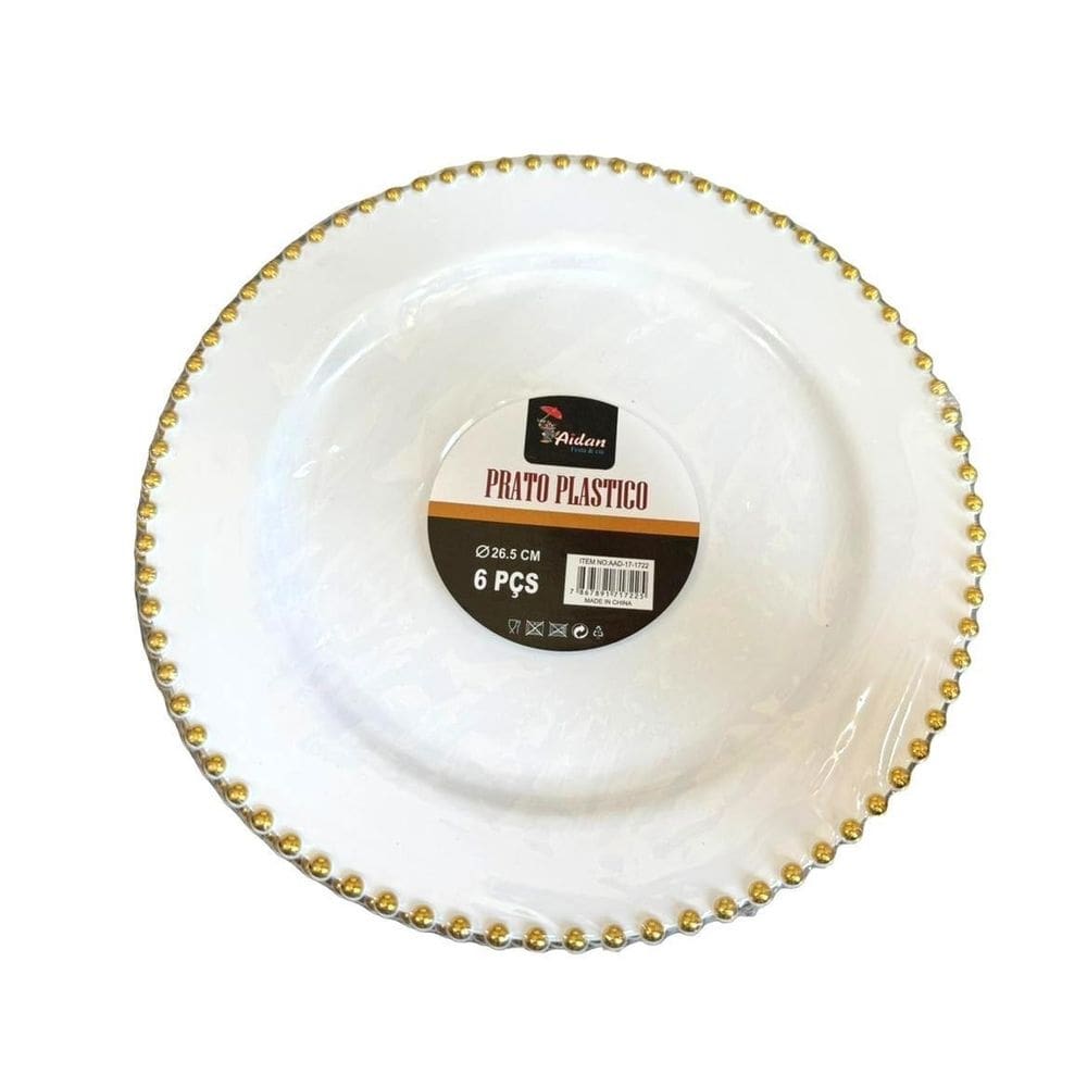 Prato De Jantar Acrílico Borda Bolinha Dourada 26Cm-Kit 12Un