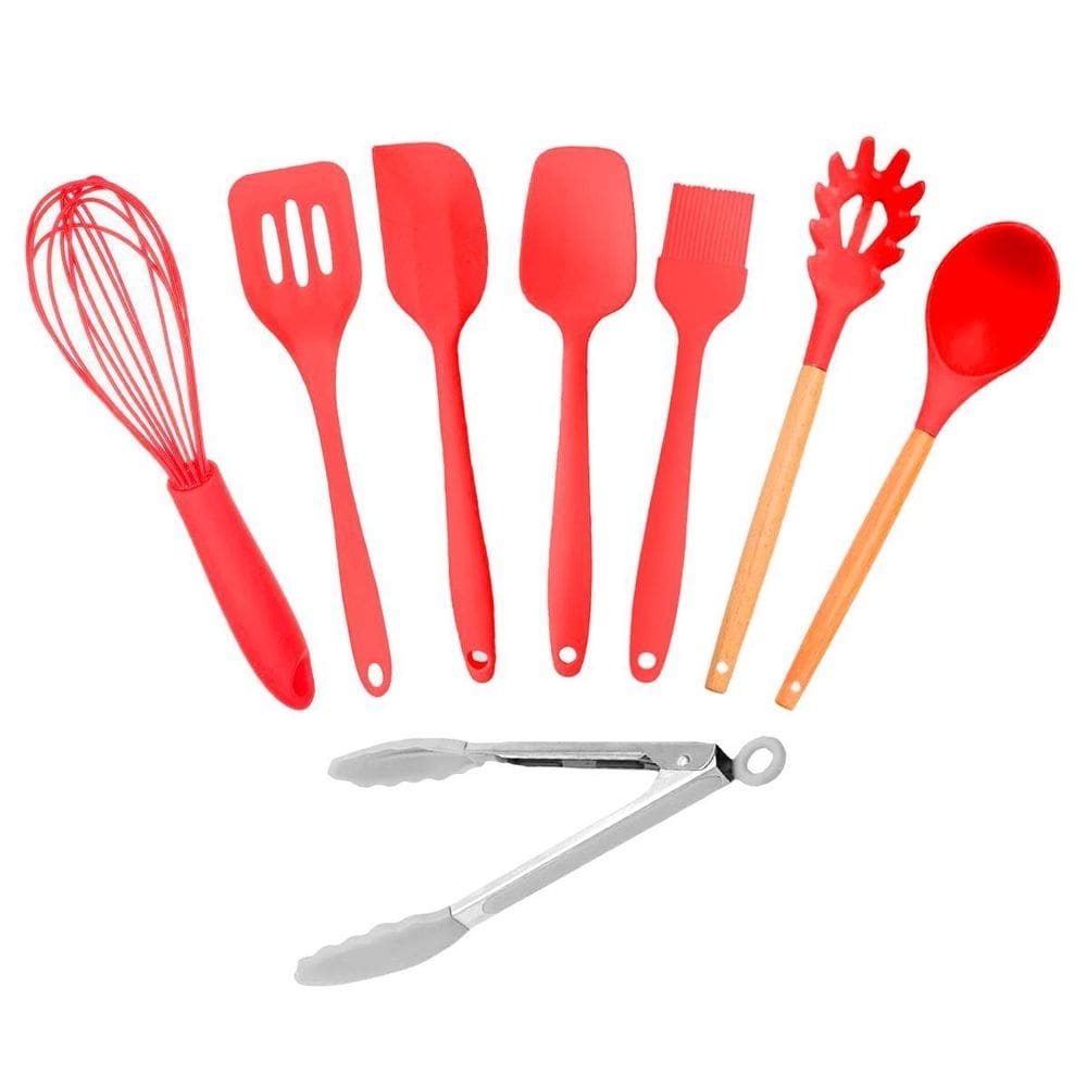Kit 8 Utensílios Culinários De Silicone Cozinha Vermelho-