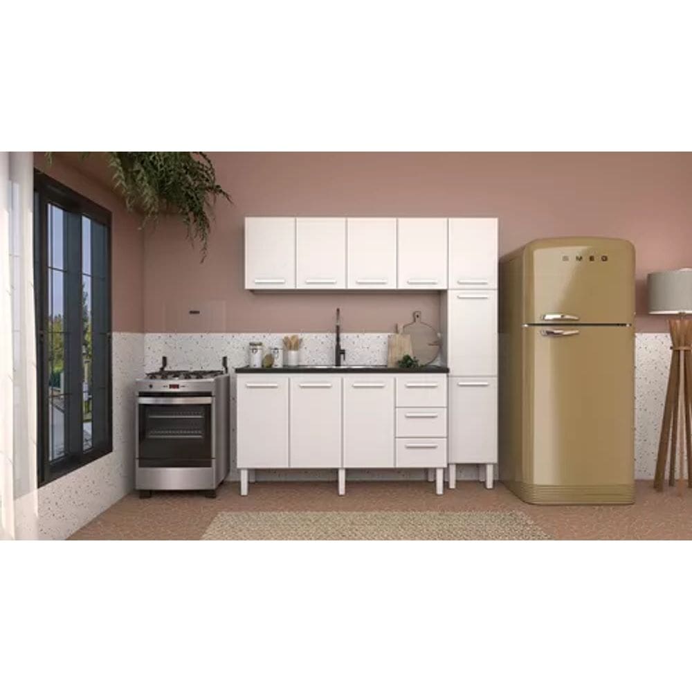 Conjunto Cozinha Completo Para Pia 1,60metros Gabinete 3 Gavetas + Aéreo + Paneleiro 100% em Aço - Venus Cozimax