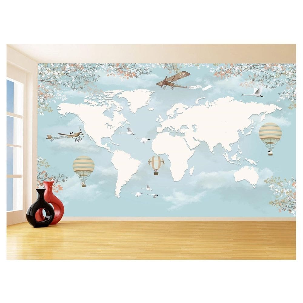 Papel De Parede Mapa Mundi Infantil Balão Azul 3,5M Nmu84