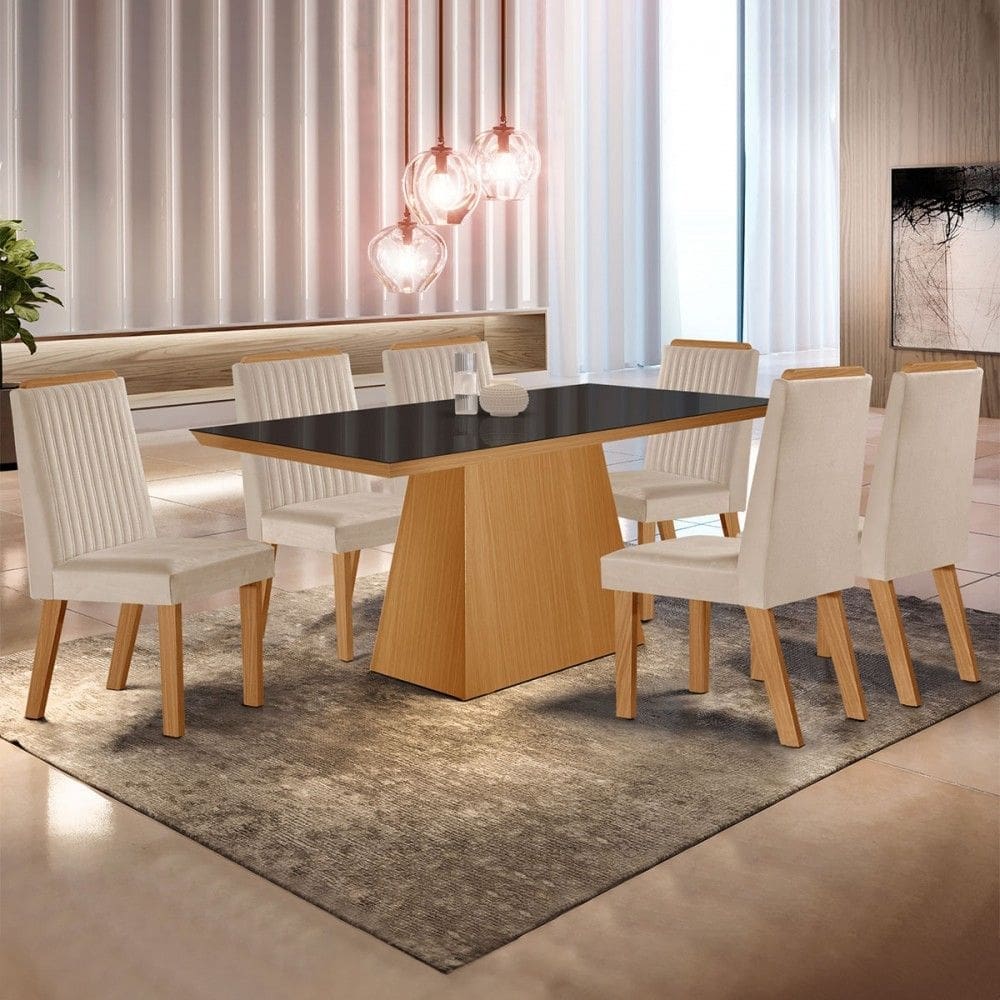 Mesa de Jantar 6 Lugares Prada com Vidro Cinamomo/Preto/Creme - Lj Móveis