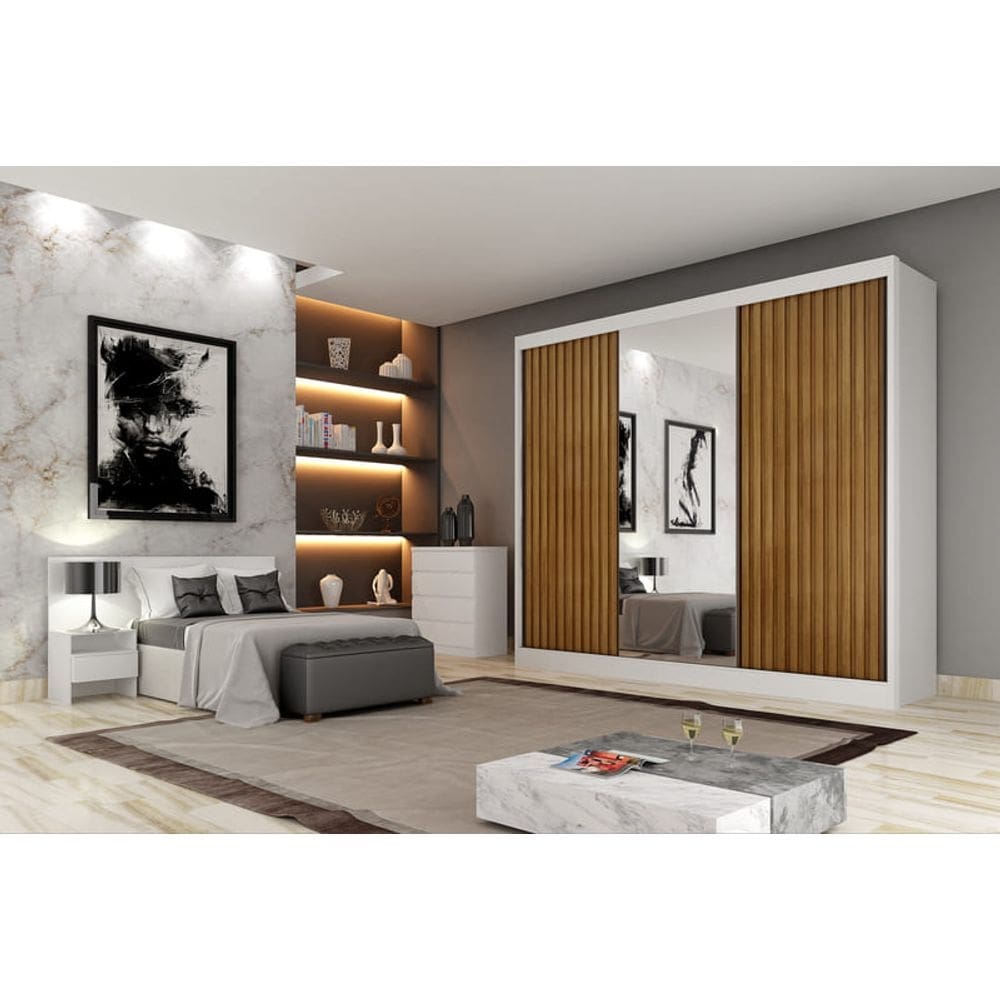 Guarda Roupa Casal Ripado com Espelho 3 Portas 8 Gavetas - Royale-Branco - Móveis Novo Horizonte