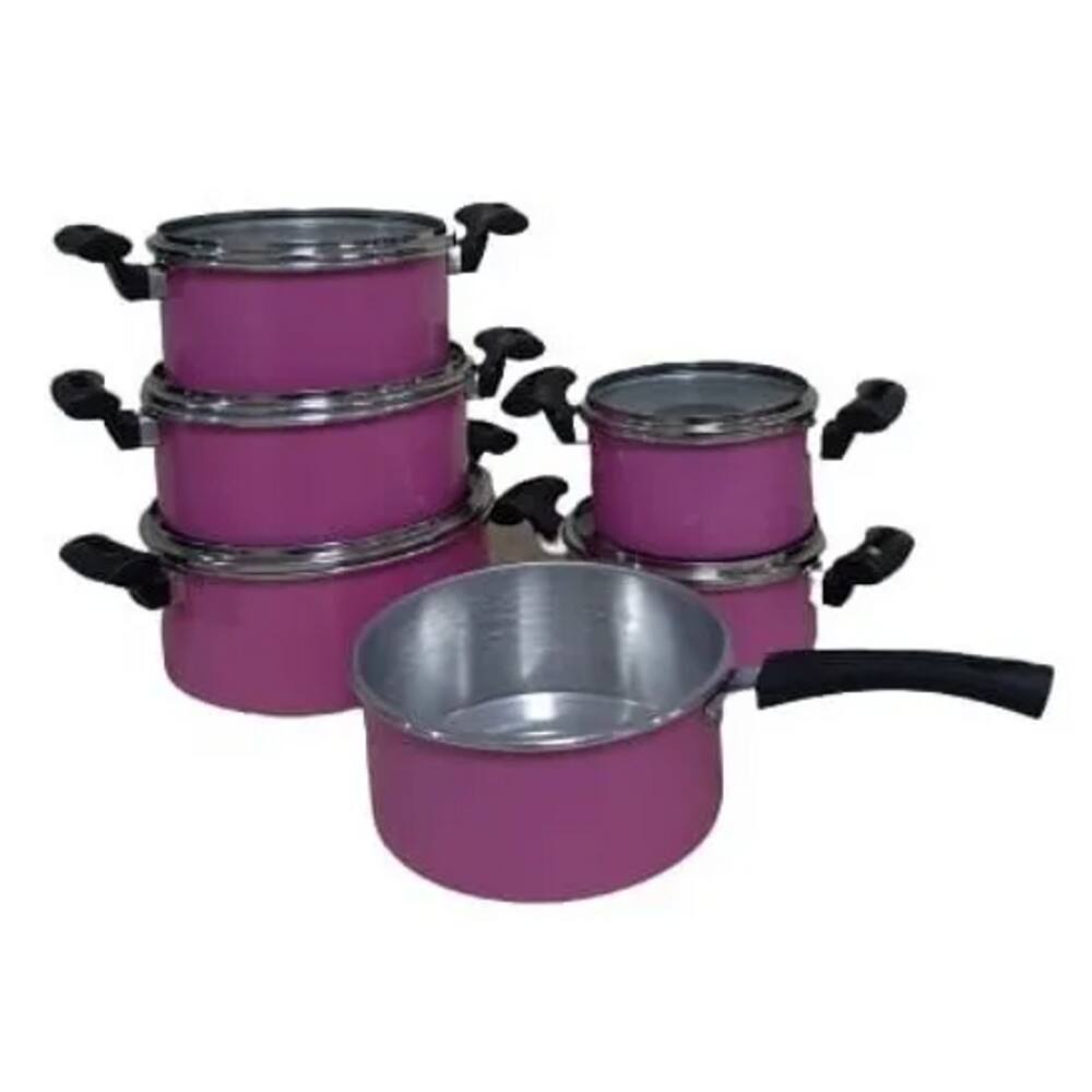 Conjunto Jordânia 6 Panelas Rosa C/ Tampa Vidro Em Alumínio