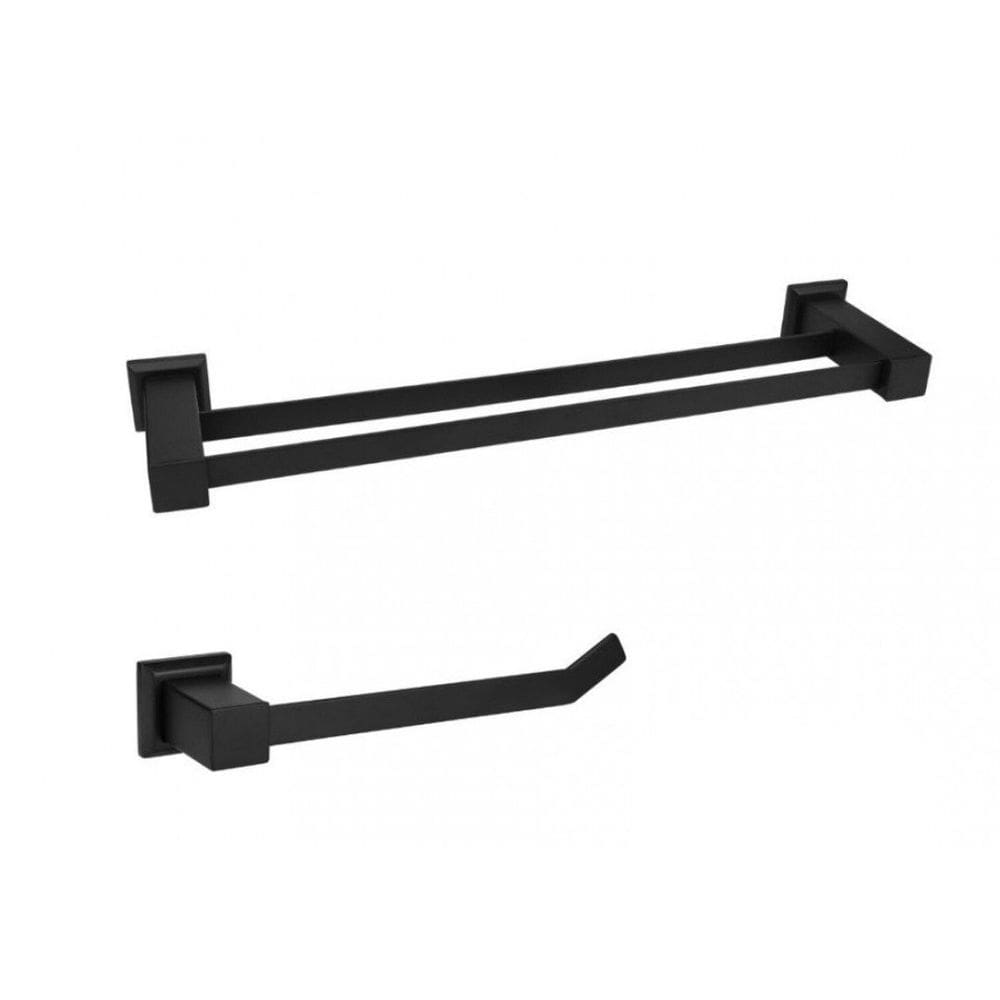 Kit Porta Toalha de Banho Dupla com 62cm e Porta Toalha de Rosto Ducon Metais Black