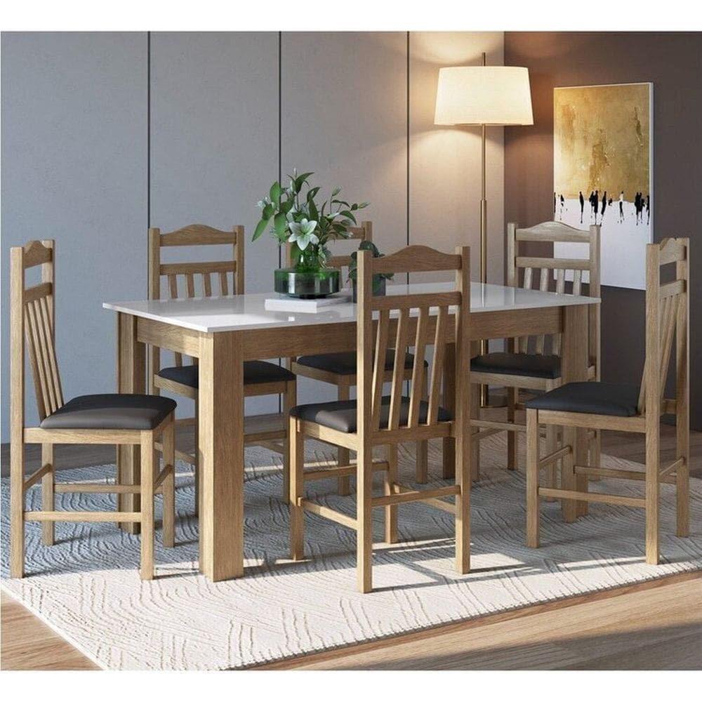 Conjunto Sala de Jantar Mesa Fixa com 6 Cadeiras Ameixa Negra