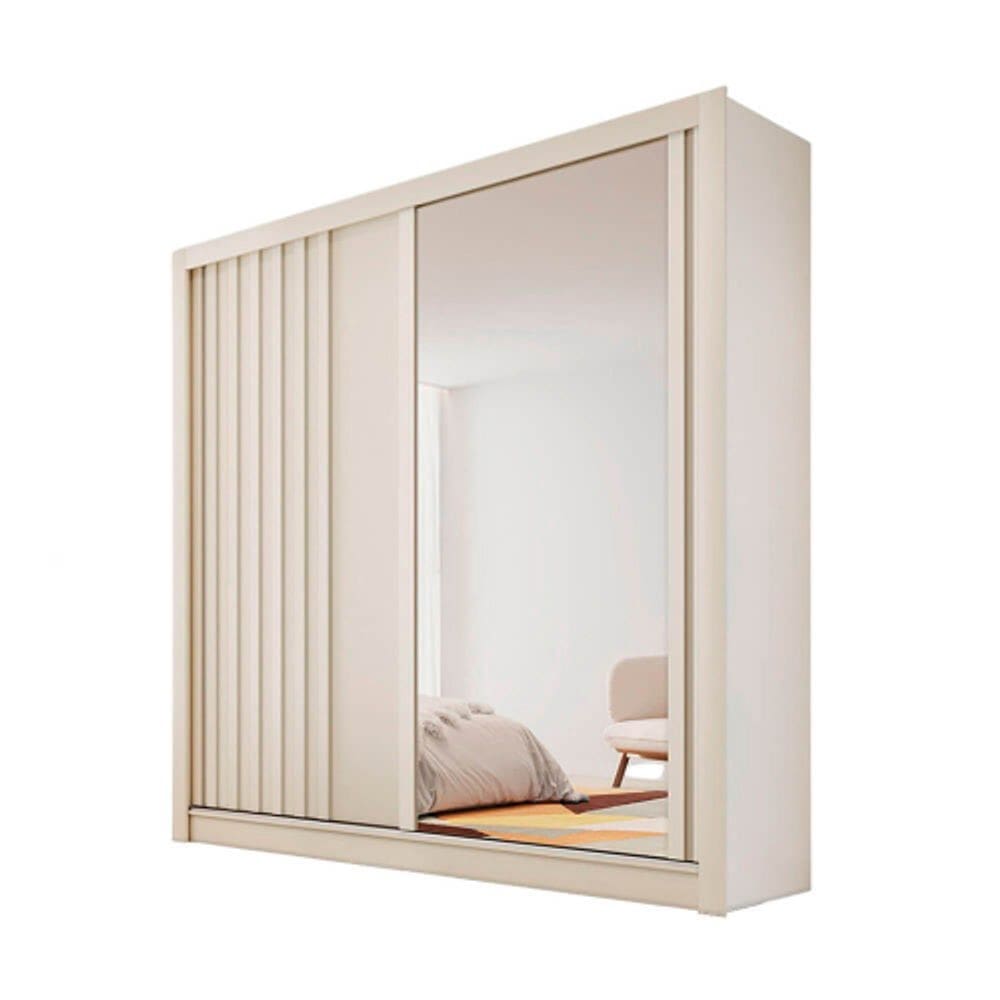 Guarda Roupa Solteiro Ripado com Espelho 2 Portas 4 Gavetas - Lugano-Off White - Made Marcs