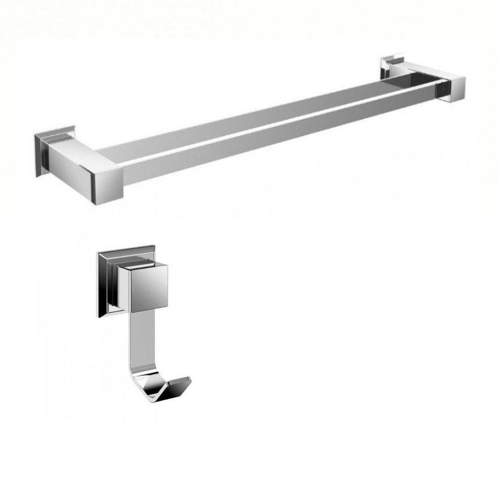 Kit com Porta Toalha de Banho Duplo 62cm e 1 Cabide  Ducon Metais Cromado