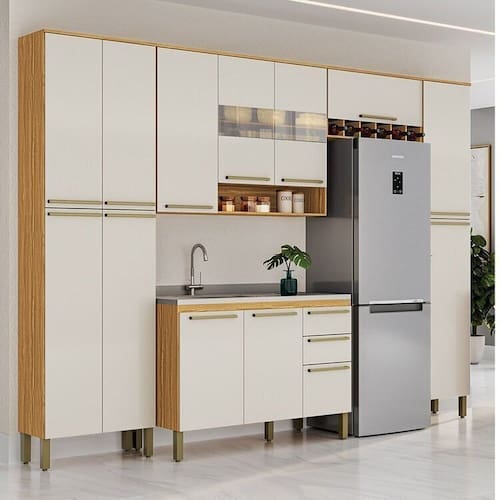imagem-Cozinha Completa Modulada 5 Peças sem Tampo com Vidro Reflecta 100% MDF Itália Espresso Móveis Amêndoa/Off White - Bege