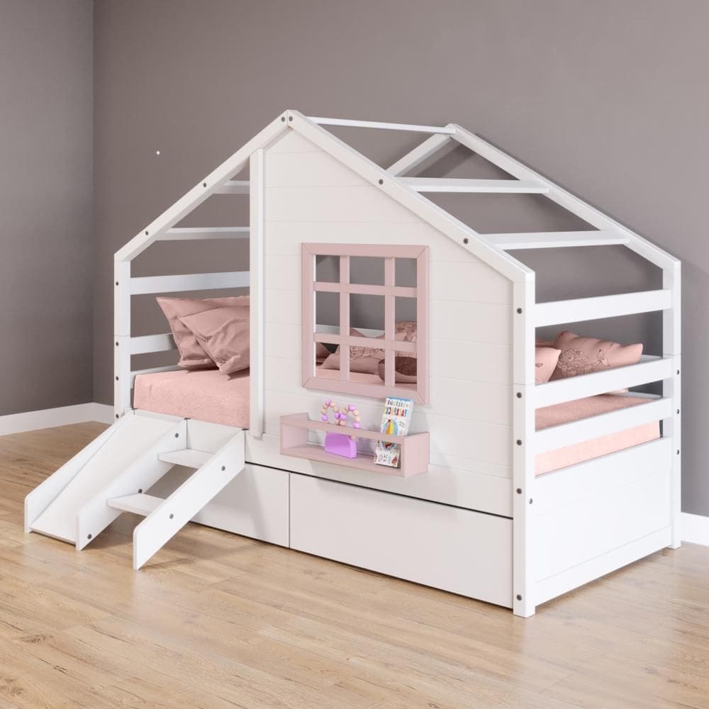 Cama Casinha com Janela com 02 Gavetas e Escorregador Madeira Maciça Branco/ Rosa Housin