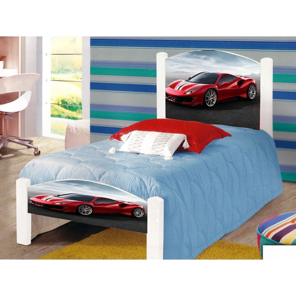 Cama Montessoriana Solteiro Infantil Adesivada Carro Vermelho com Grade de Proteção e Colchão