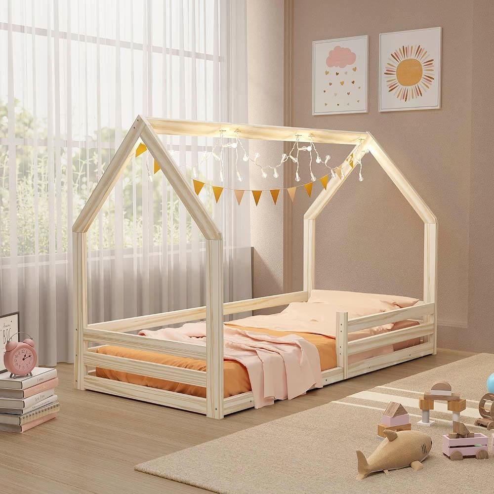 Cama Montessoriana Solteiro Grade Proteção Madeira Natural Amy Shop JM