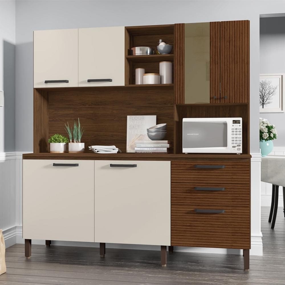 Armario de Cozinha Compacta 7 Portas 2 Gavetas Mega - Nogueira/Off White/Ripado
