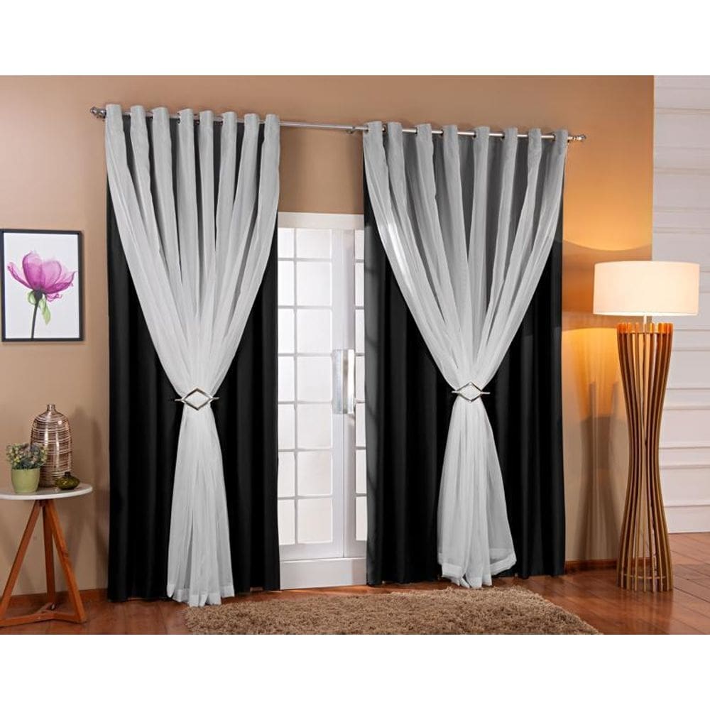 Cortina Voil Blackout 6,00x2,60 Sala/Quarto Preto/Branco