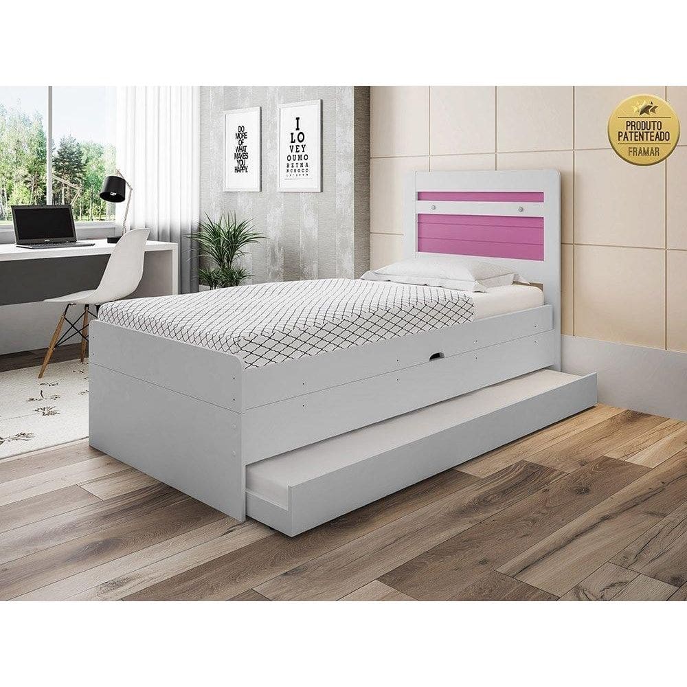 Cama Baú Larissa Solteiro com Auxiliar Branco Rosa - Framar