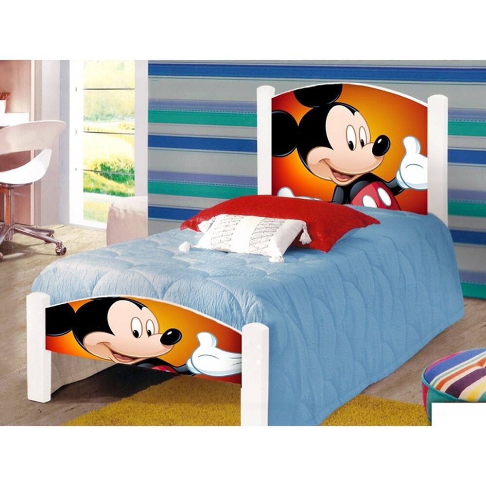 Cama de Criança Solteiro Infantil Adesivada Mouse com Grade de Proteção e Colchão
