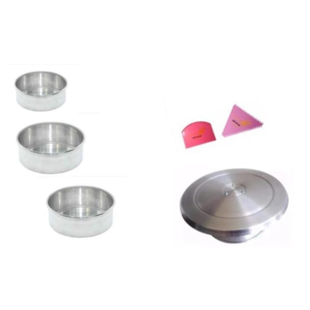 Kit básico de confeitar: Bailarina 30 cm, 3 formas redondas (15 cm, 20 cm e 25 cm x 10 cm de altura) e Espatula Serrilhada + Espatula 4 Funções