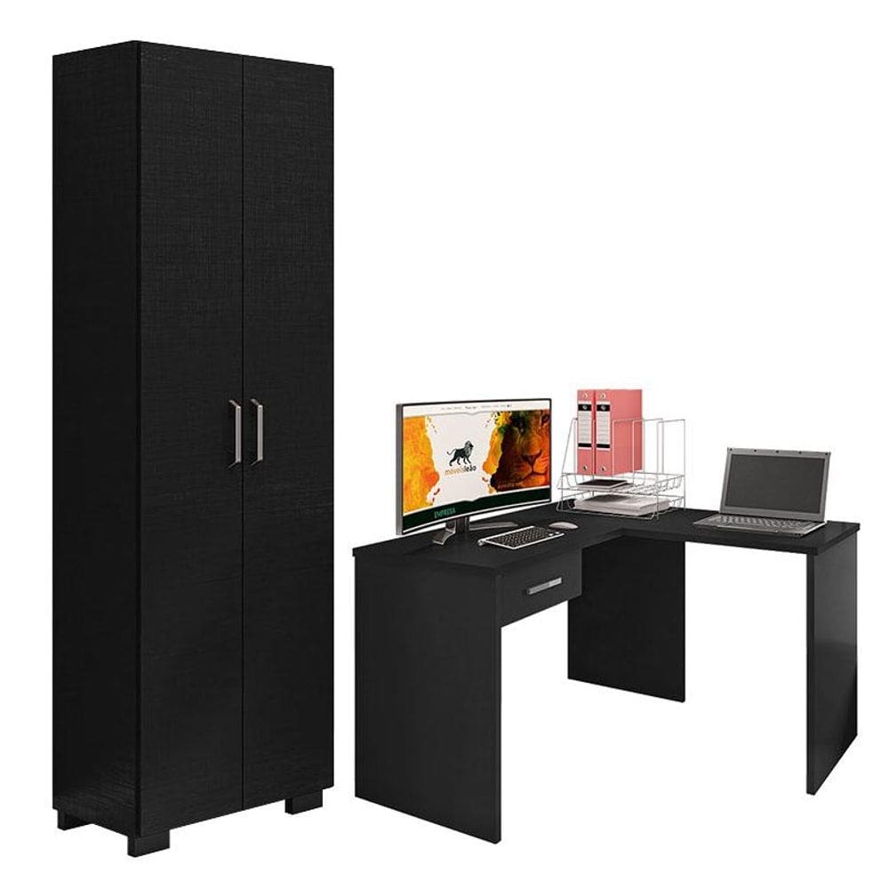 Mesa para Computador Gávea com Gaveta e Extensora e Livreiro Office com Portas Grandes Preto Trama - Móveis Leão