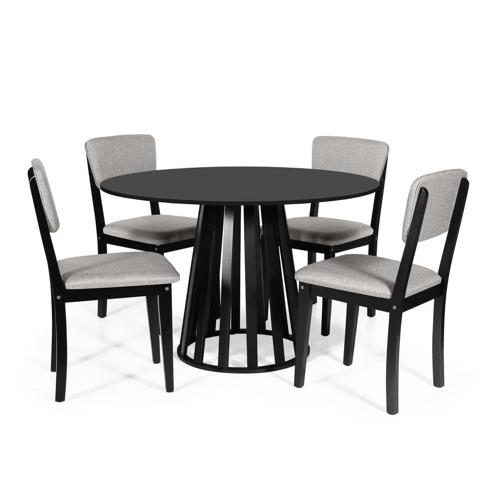 Mesa de Jantar Redonda Gabi Preta com 4 Cadeiras Estofadas Ella Preto/Cinza Claro