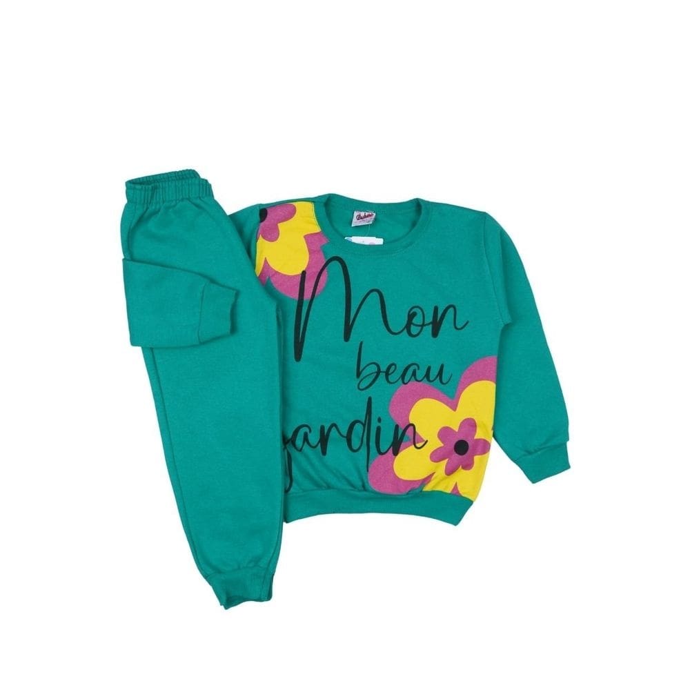 Conjunto Moletom Menina Verde Blusão e Calça com Flores Frio