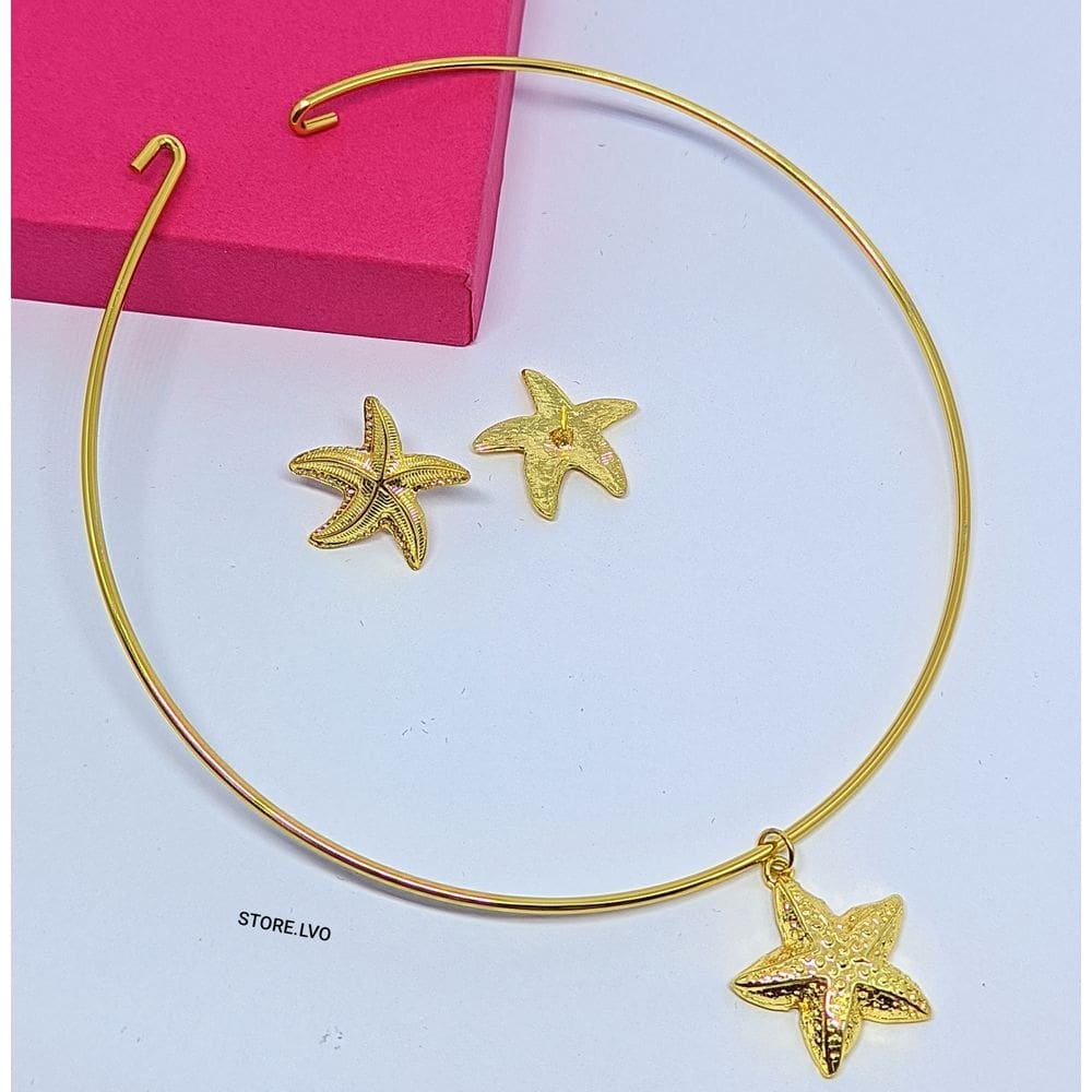 Kit Colar e Brincos Choker Elo Aro Fio Rígido Liso com Pingente Estrela do Mar Folheado Ouro Dourado Luxo Moda