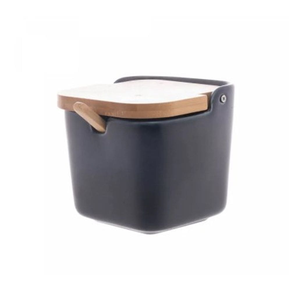 Saleiro de Cerâmica com Tampa e Colher de Bambu Azul 10cm x 10,5cm - Wolff