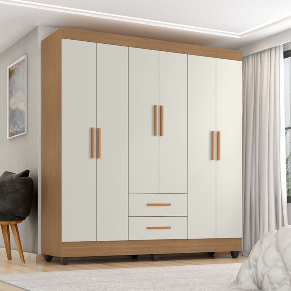 Guarda-Roupa Casal 6 Portas 2 Gavetas Lite Marrom/Off White