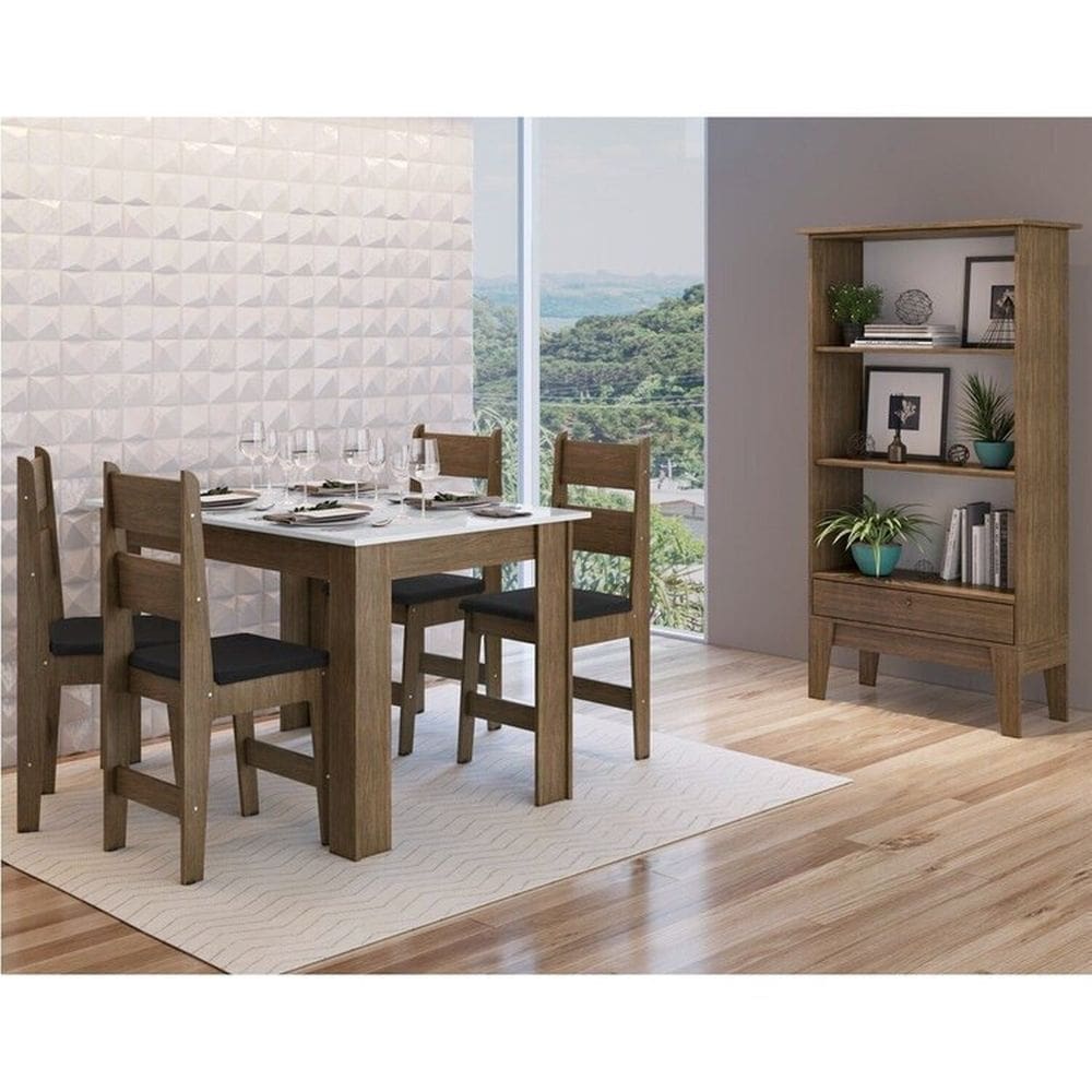 Conjunto Sala de Jantar Mesa Fixa com 4 Cadeiras + Estante Organizadora Ameixa Negra