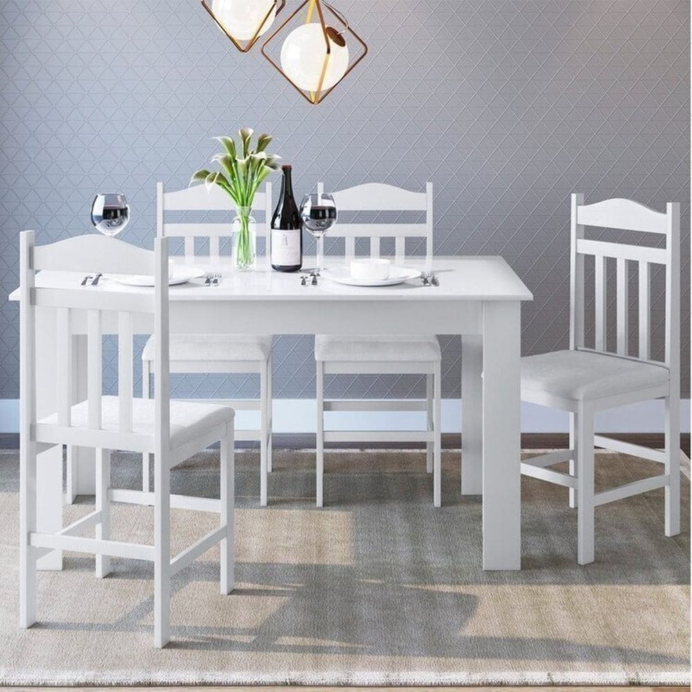 Conjunto Sala de Jantar Mesa Fixa com 4 Cadeiras Branco