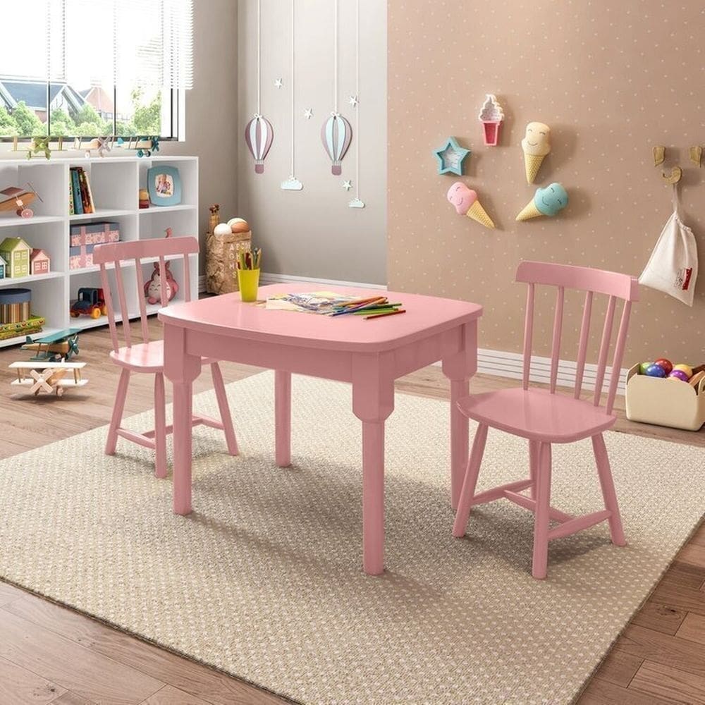 Mesa Infantil com 2 cadeiras Mariah Madeira Maciça e Laca Casatema Rosa Bebê