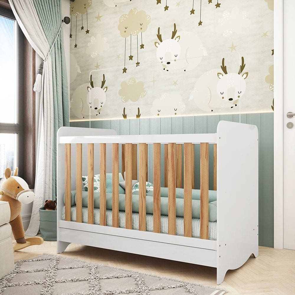 Berço Mini Cama Americano 100% MDF 3 em 1 Ben Branco Brilho/Amêndoa